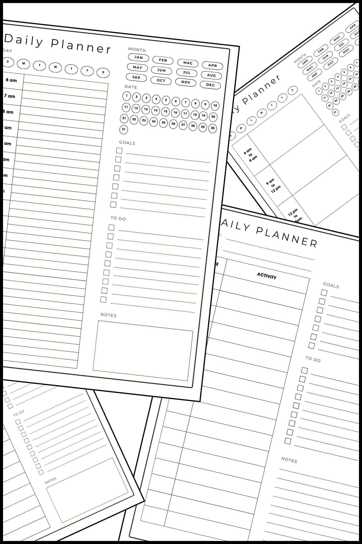 A collection of printable daily calendar with time slots, overlapping on one another.