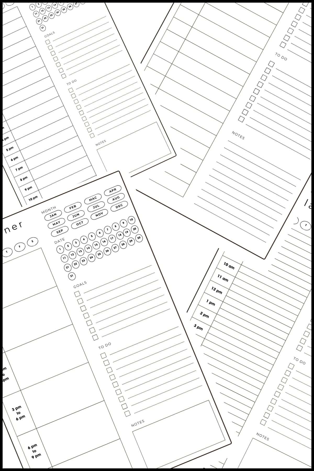 A collection of printable daily calendar with time slots, overlapping on one another.
