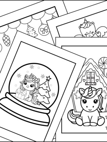 Christmas unicorn coloring pages stacked on top of one another.