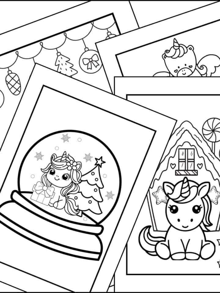 Christmas unicorn coloring pages stacked on top of one another.