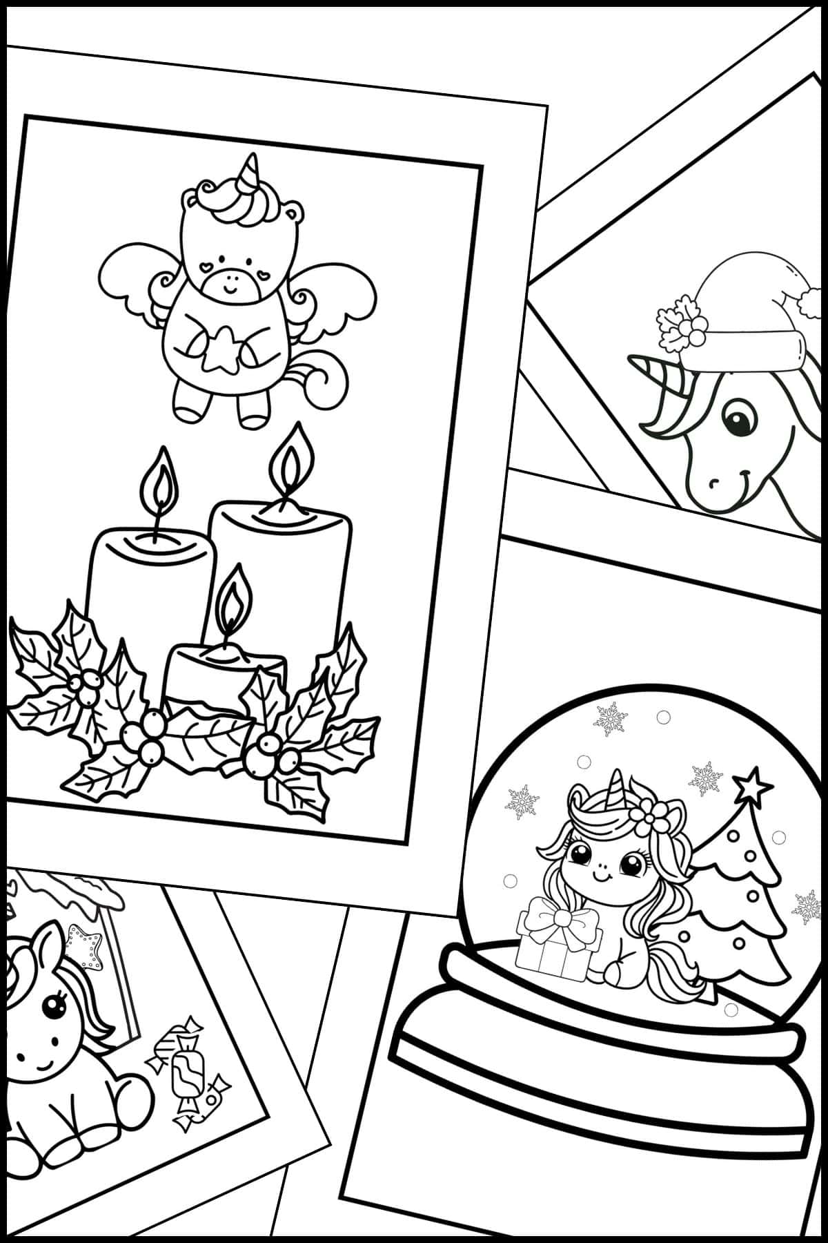 Christmas unicorn coloring pages stacked on top of one another.