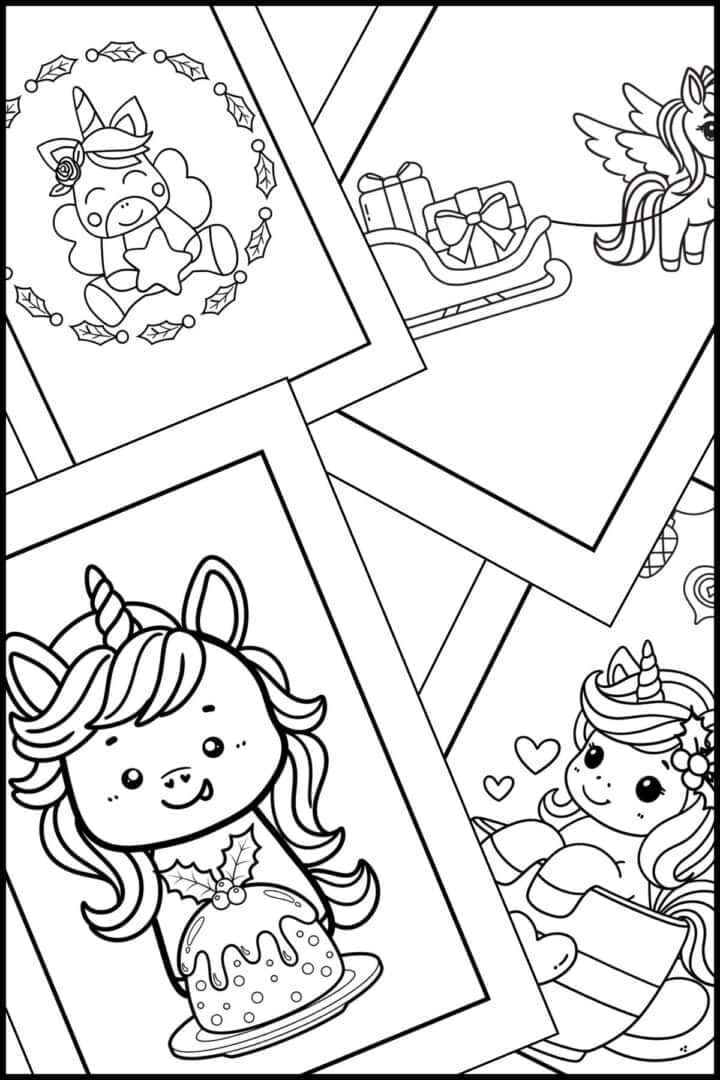 Christmas unicorn coloring pages stacked on top of one another.
