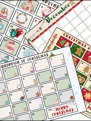 Printable Christmas calendar templates overlapping on one another.