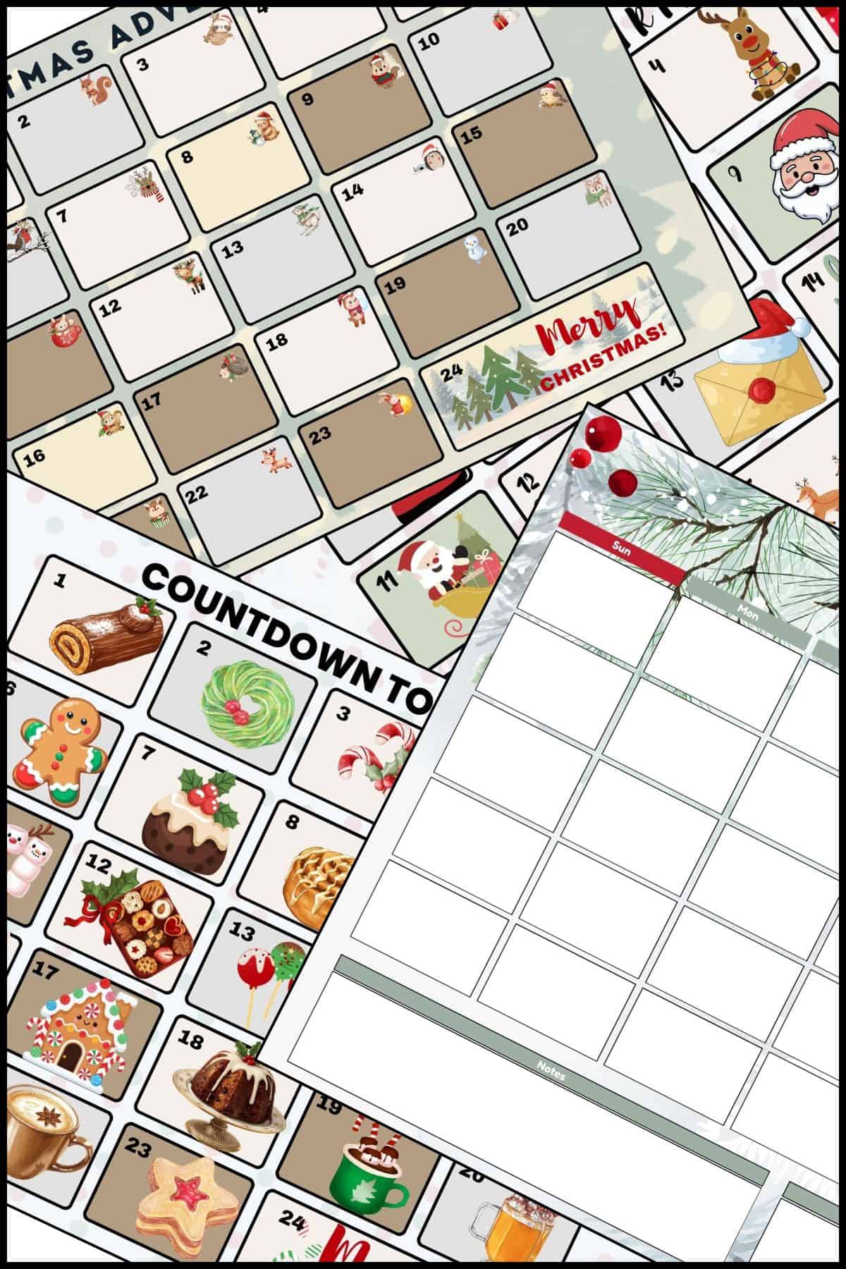 Printable Christmas calendar templates overlapping on one another.