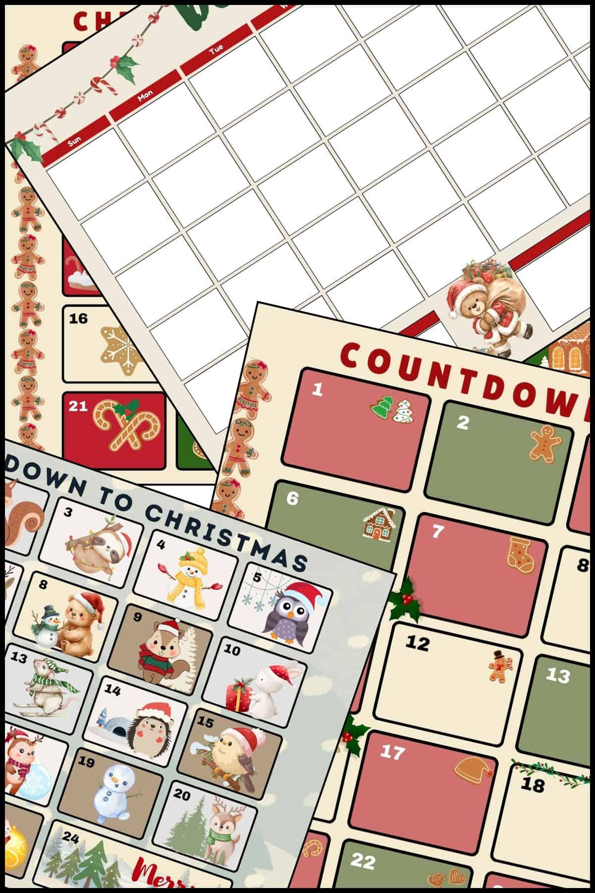 Printable Christmas calender templates overlapping on one another.
