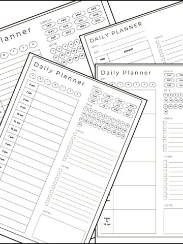A collection of printable daily calendar with time slots, overlapping on one another.