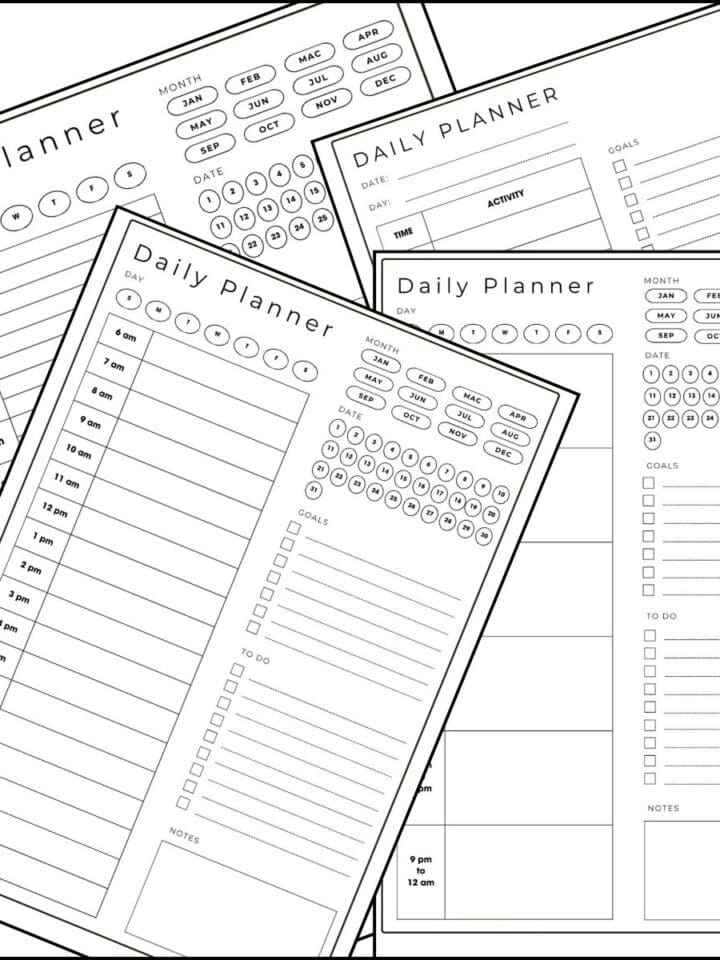 A collection of printable daily calendar with time slots, overlapping on one another.