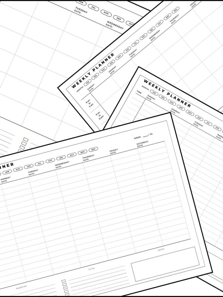 Printable weekly calendar with time slots templates overlapping on one another.