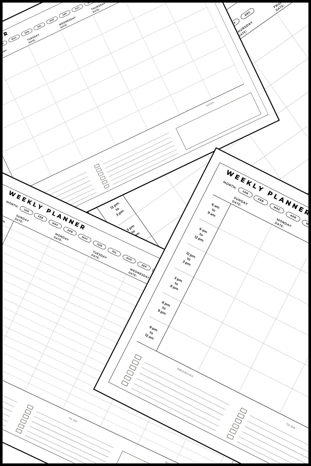 Printable weekly calendar with time slots templates overlapping on one another.