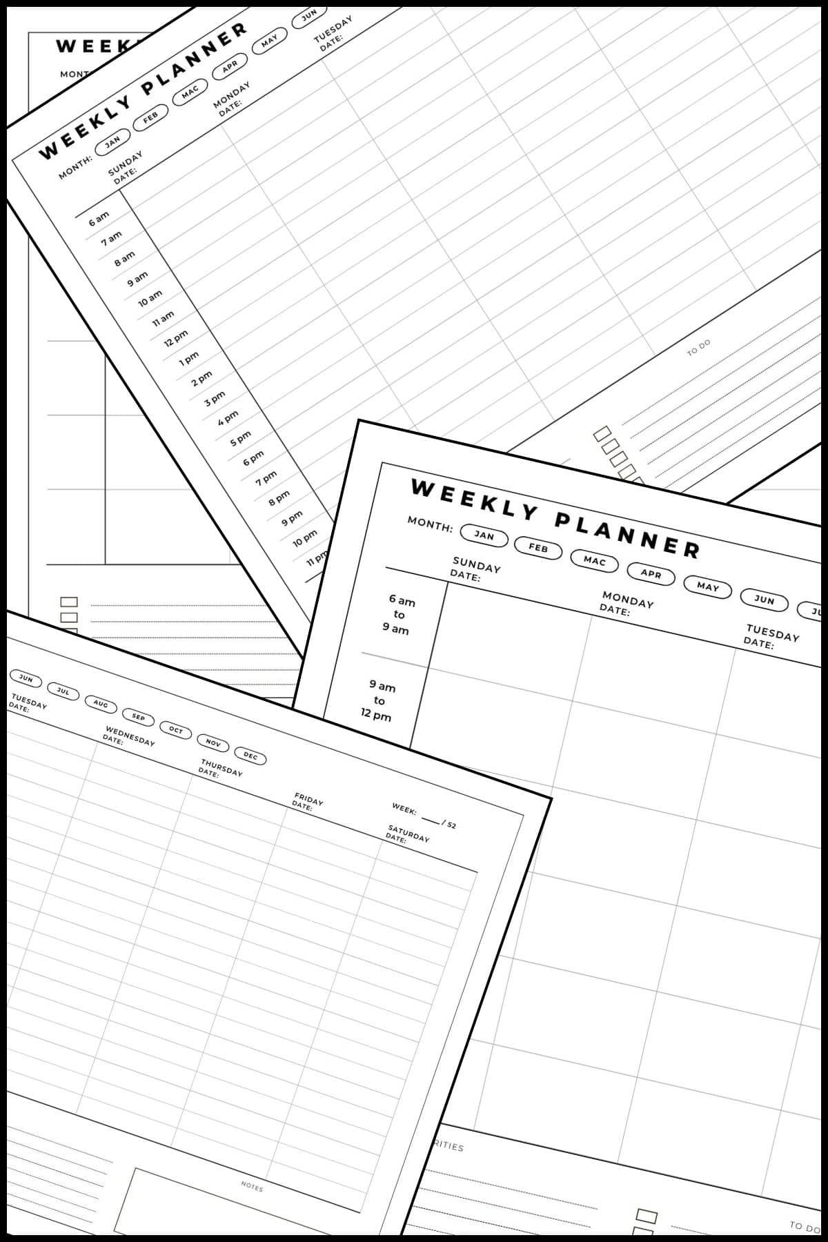 Printable weekly calendar with time slots templates overlapping on one another. 