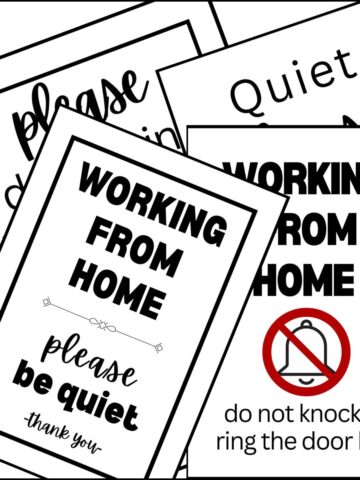 Printable working from home sign templates overlapping on one another.