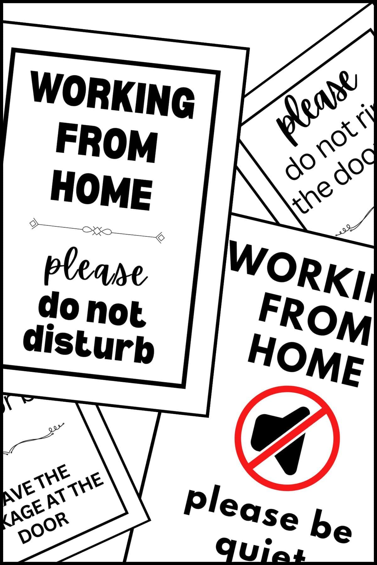 Printable working from home sign templates overlapping on one another.