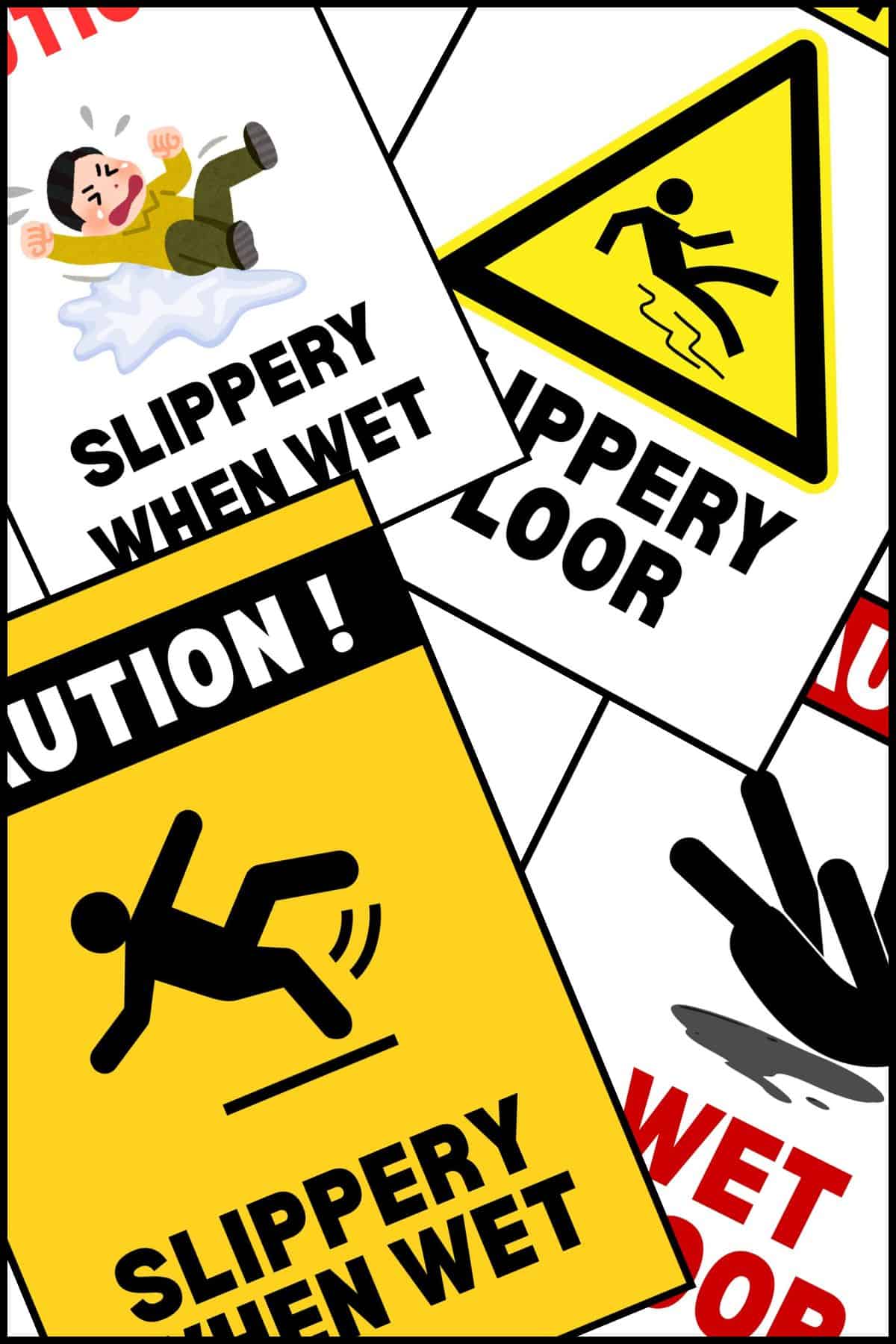 Wet floor signs overlapping on one another.