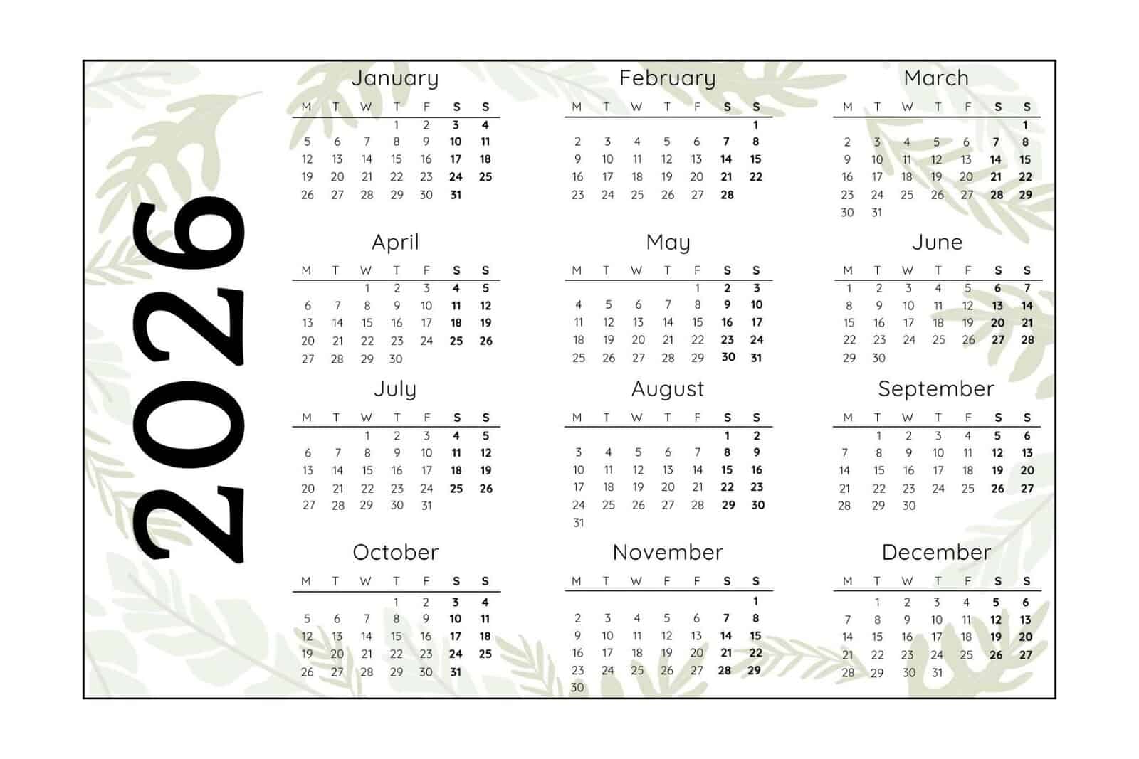 2026 Yearly Calendar with Monday Start in landscape layout.
