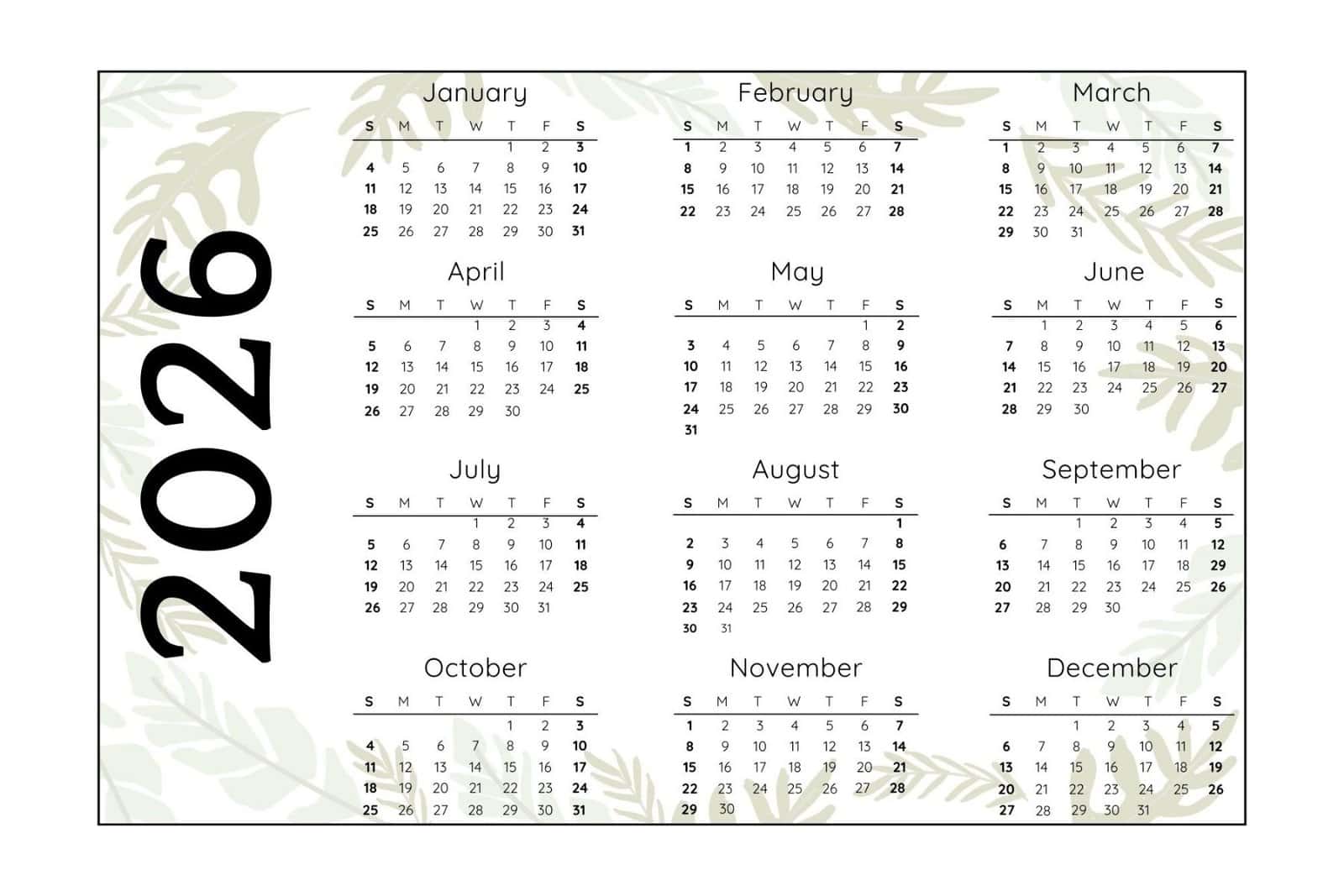 2026 Yearly Calendar with Sunday Start in landscape layout.