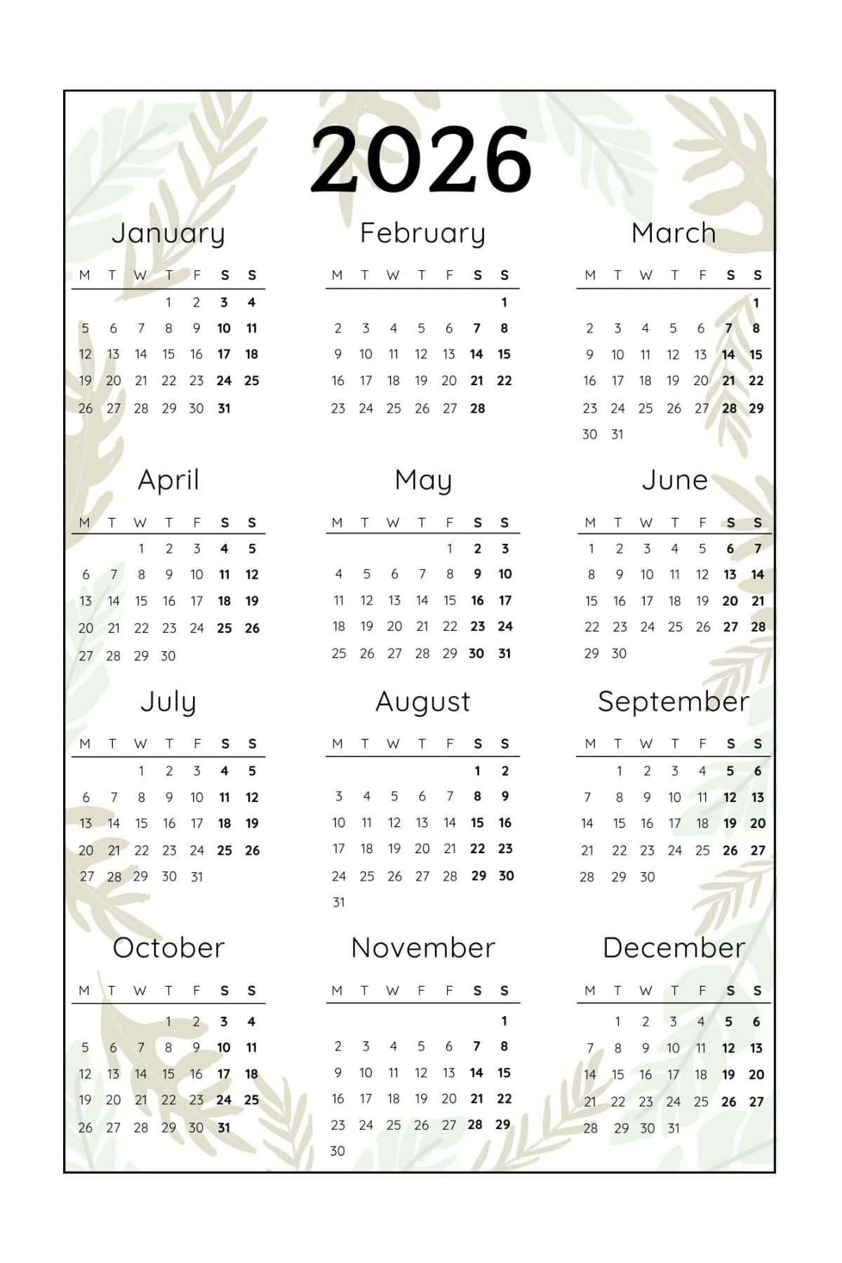 2026 Yearly Calendar with Monday Start in Portrait Layout.