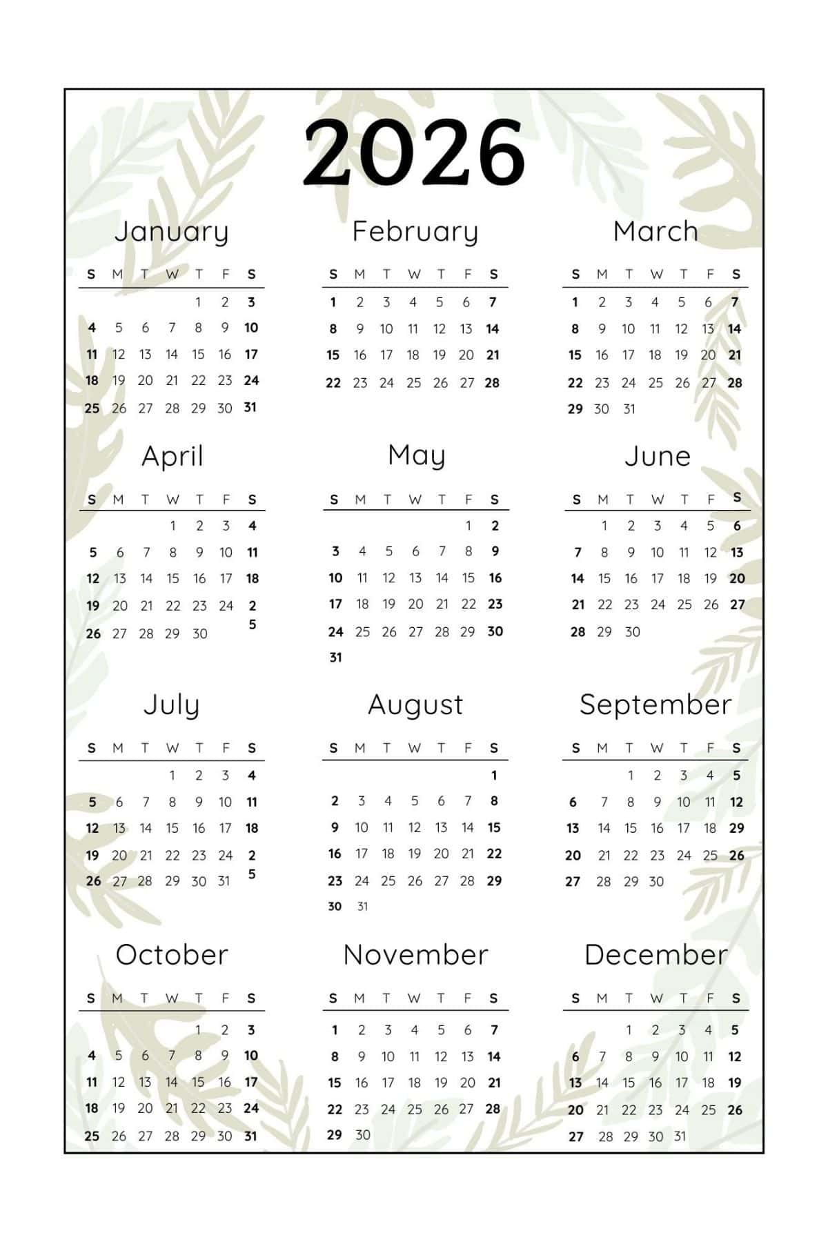 2026 Yearly Calendar with Sunday Start in Portrait Layout.