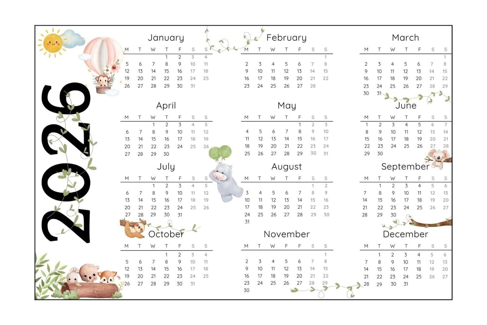 2026 Yearly Calendar with Monday Start in landscape layout.