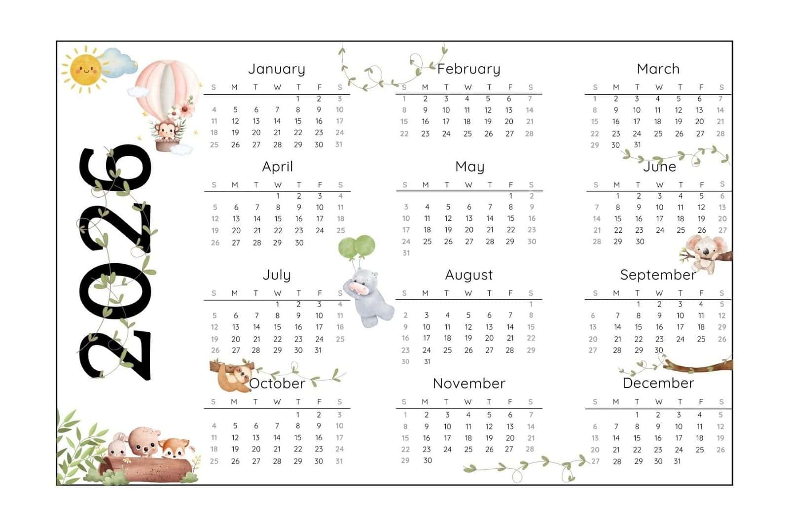 2026 Yearly Calendar with Sunday Start in landscape layout.