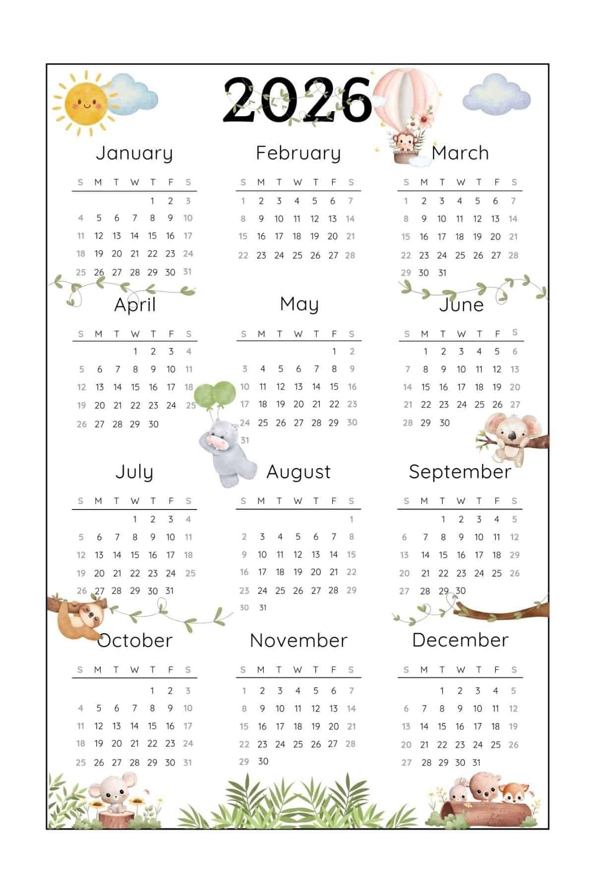 2026 Yearly Calendar with Monday Start in Portrait Layout.