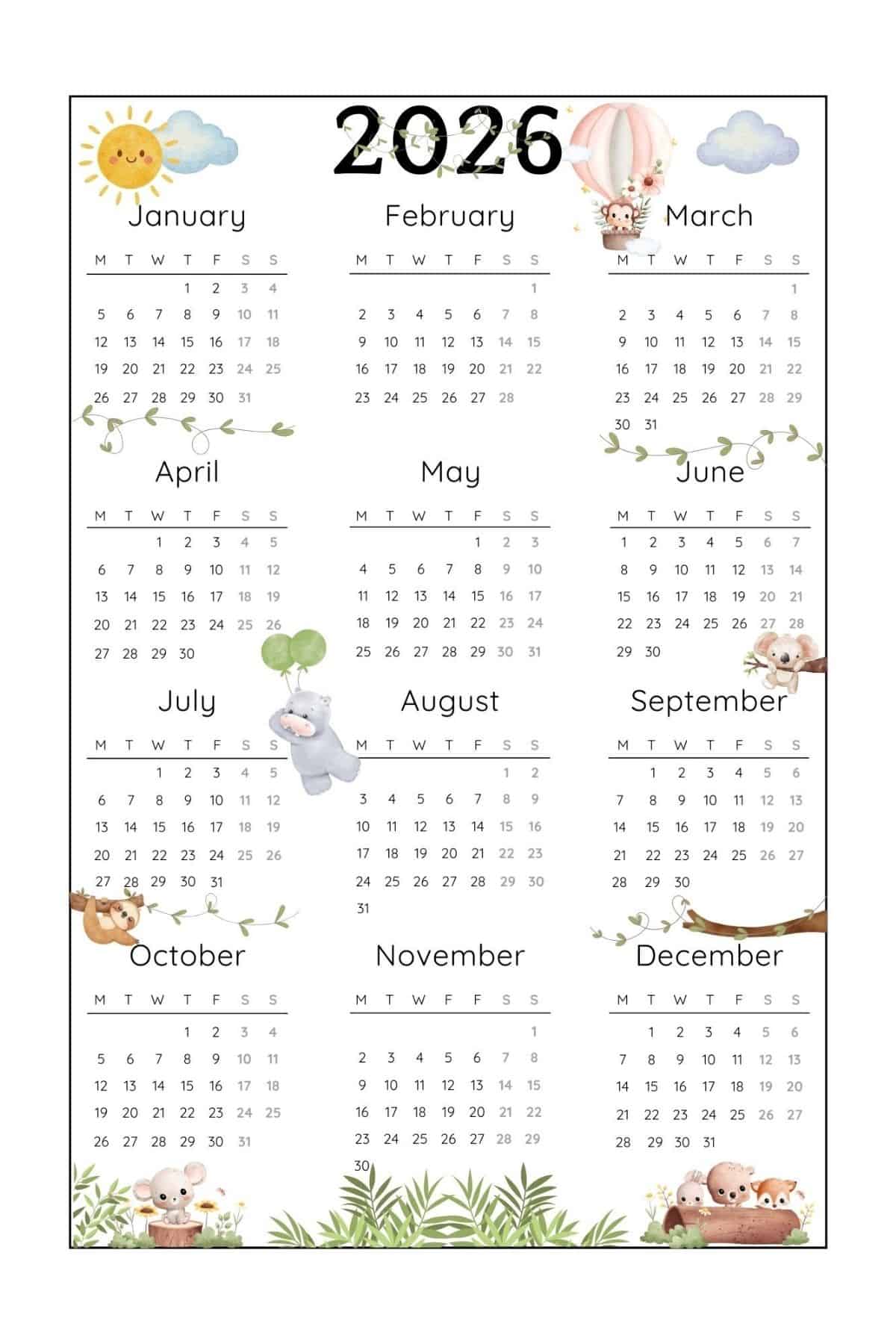 2026 Yearly Calendar with Sunday Start in Portrait Layout.