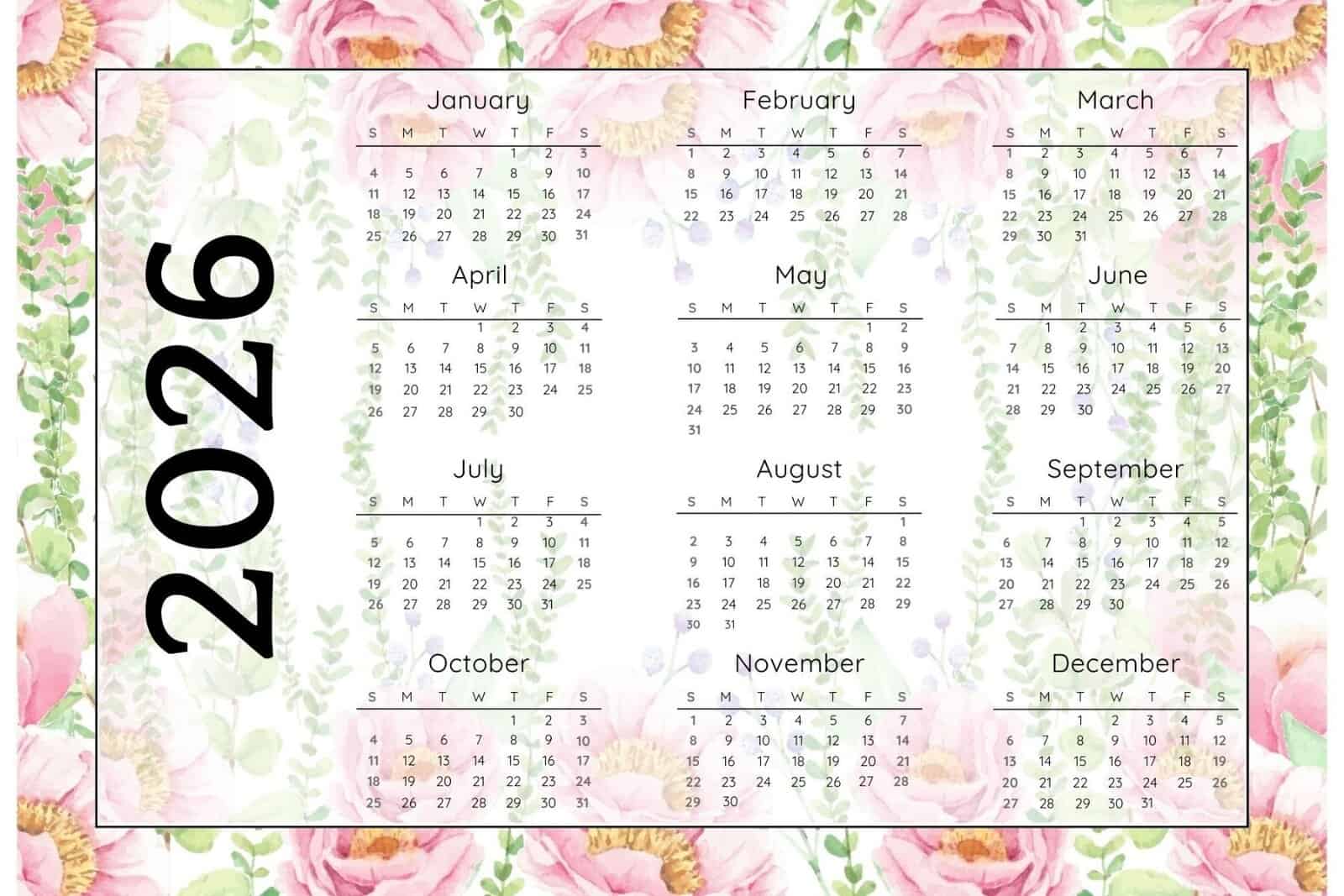 2026 Yearly Calendar with Sunday Start in landscape layout.