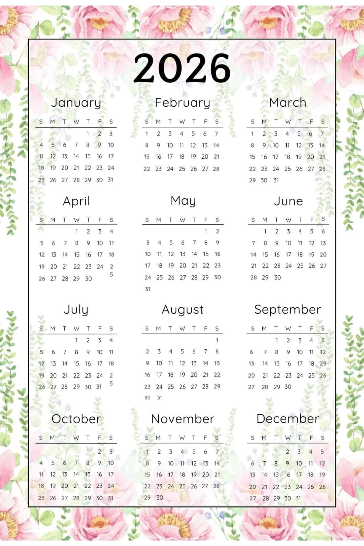 2026 Yearly Calendar with Sunday Start in Portrait Layout.