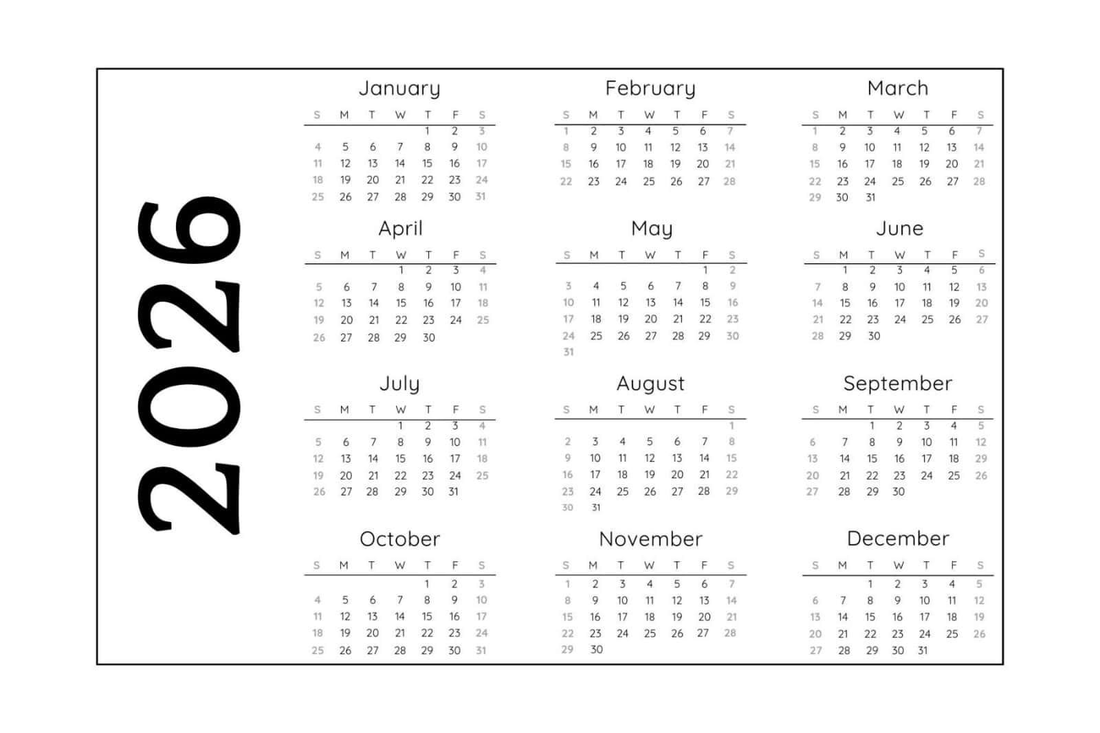 2026 Yearly Calendar with Sunday Start in landscape layout.