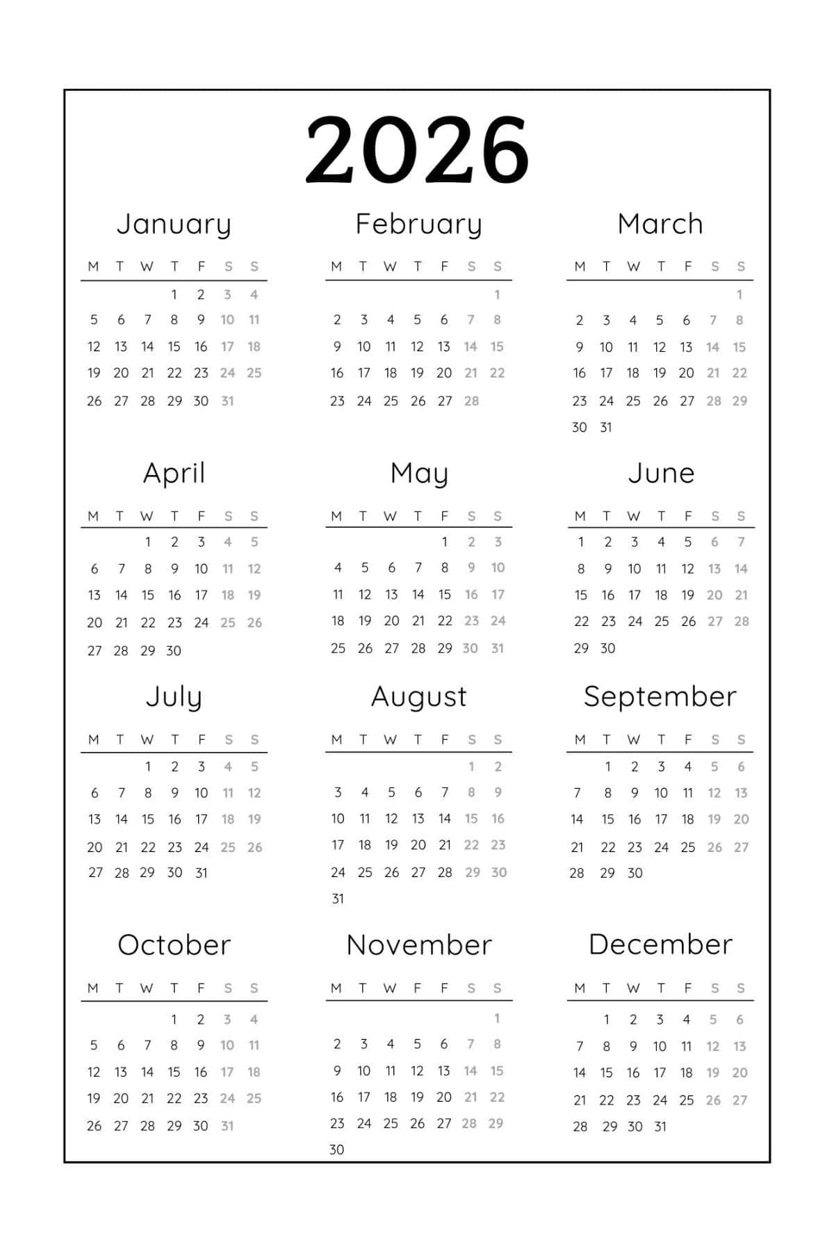 2026 Yearly Calendar with Sunday Start in Portrait Layout.