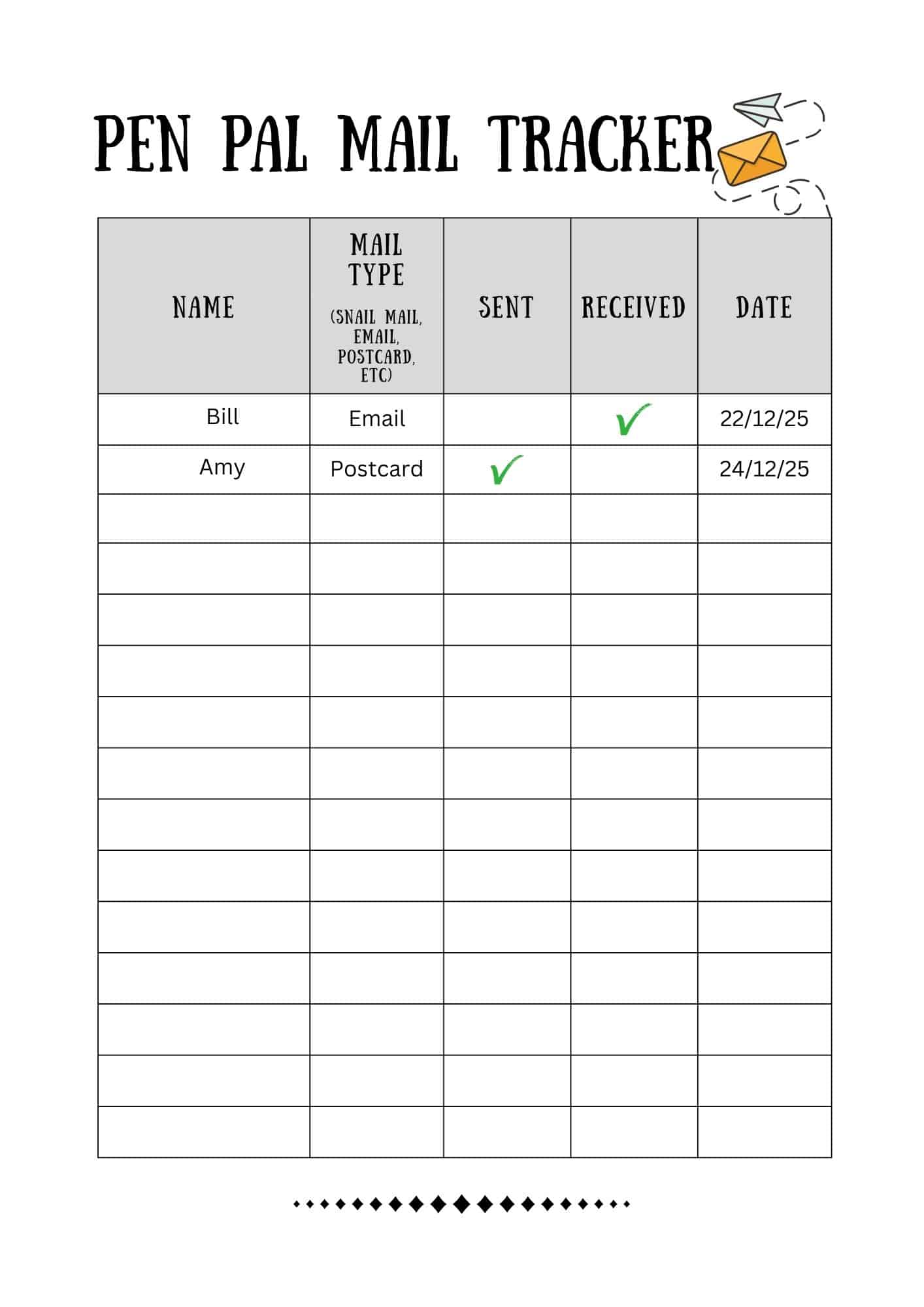 Pen pal mail tracker.