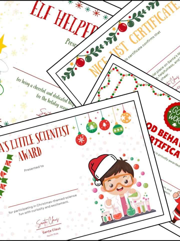 Printable Christmas award certificate templates overlapping on one another.
