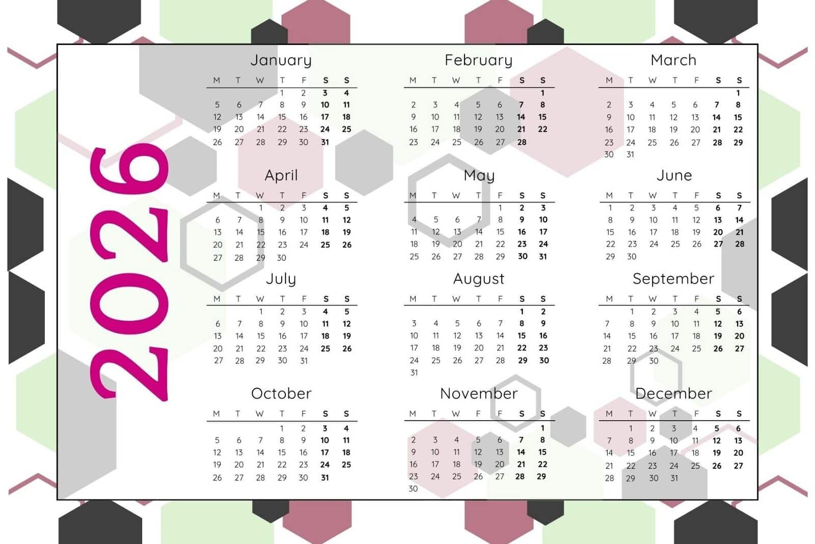 2026 Yearly Calendar with Monday Start in landscape layout.