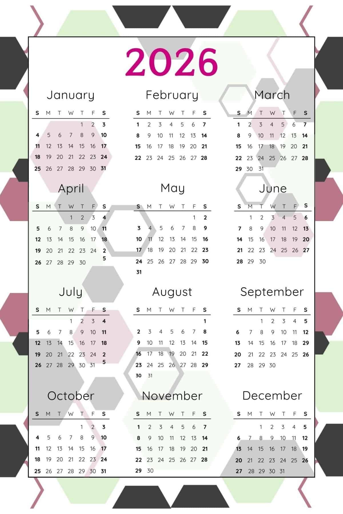 2026 Yearly Calendar with Sunday Start in Portrait Layout.