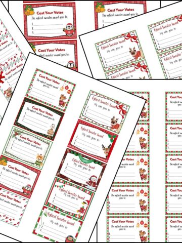 Ugly Christmas sweater voting ballots free printable templates stacked on one another.