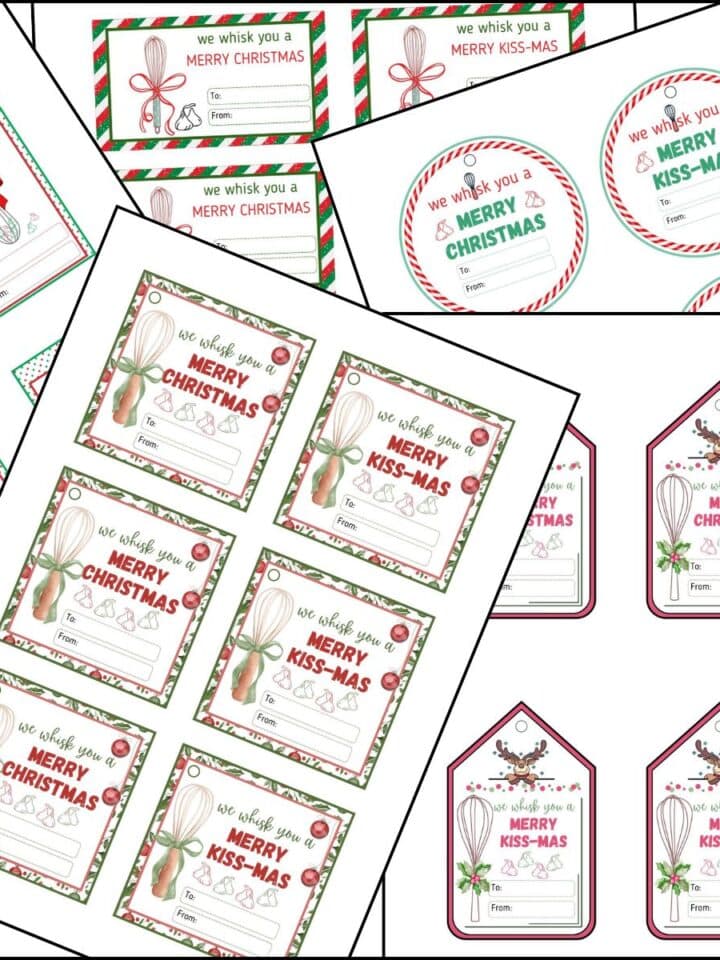 A stack of we whisk you a merry Christmas printable tags overlapping on one another.
