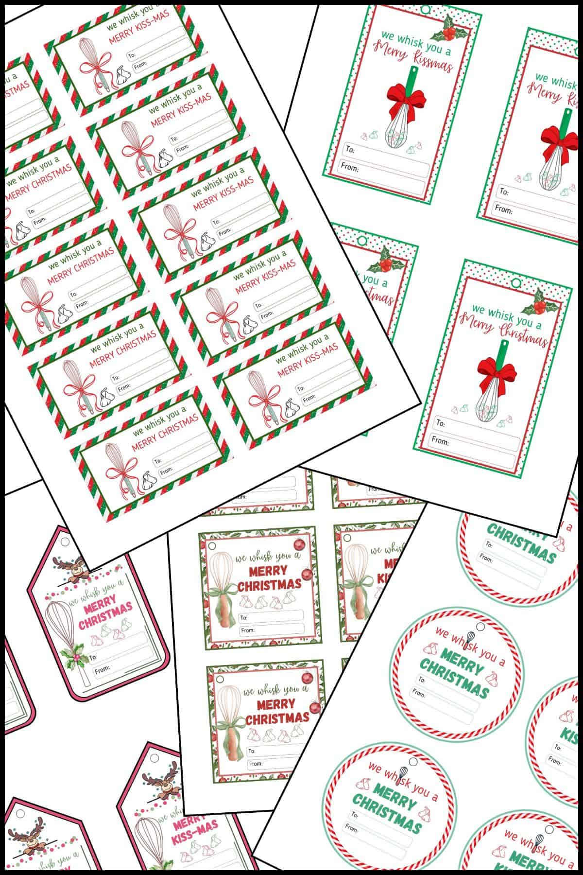 A stack of we whisk you a merry Christmas printable tags overlapping on one another.