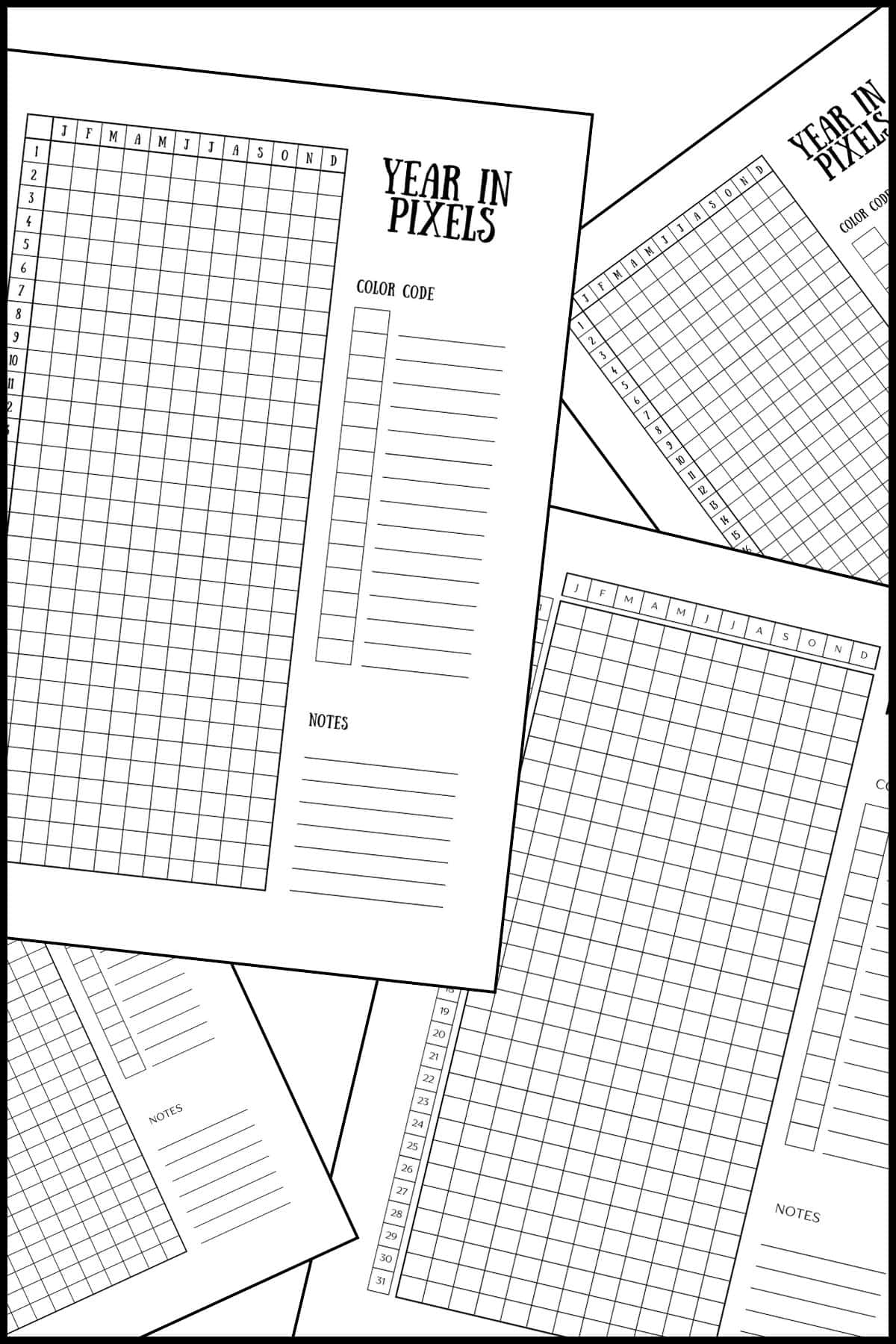 Year in pixels printable templates overlapping one another.