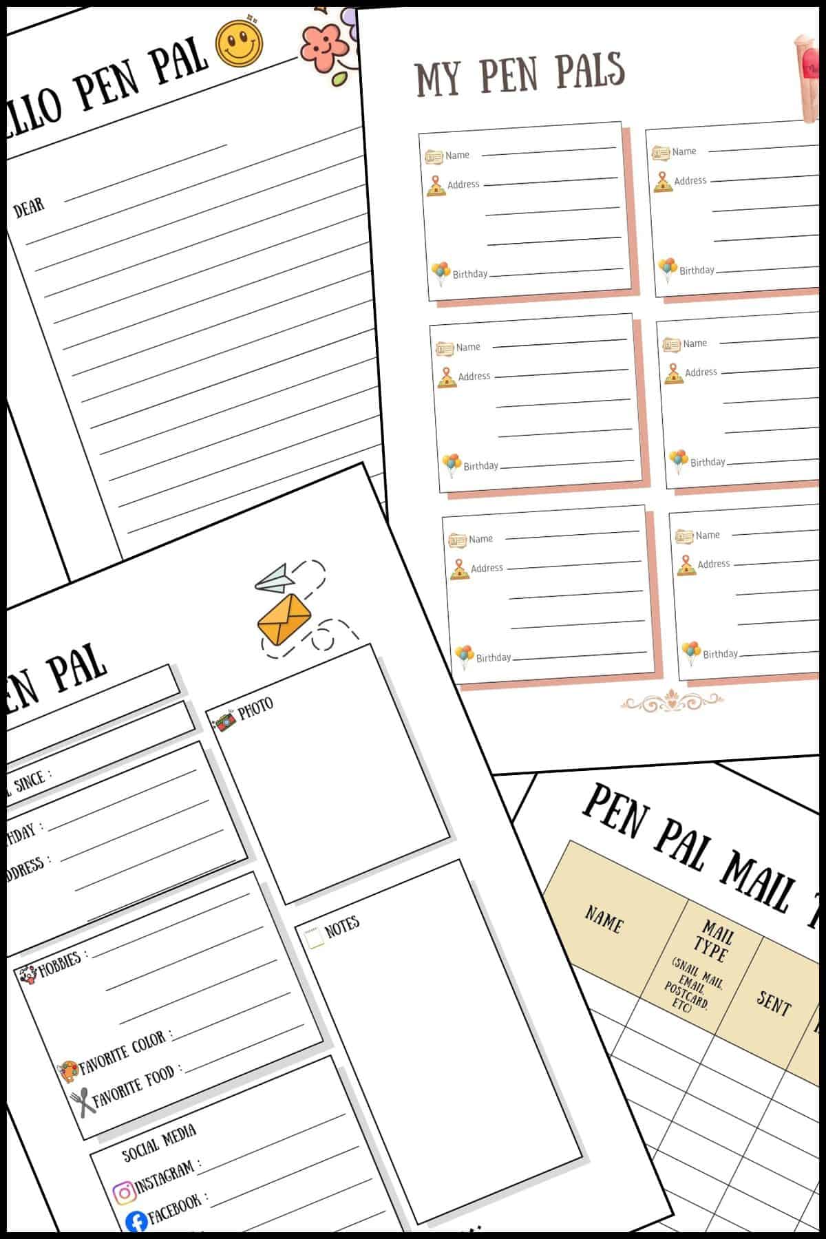 Pen pal tracker printable templates overlapping on one another. 