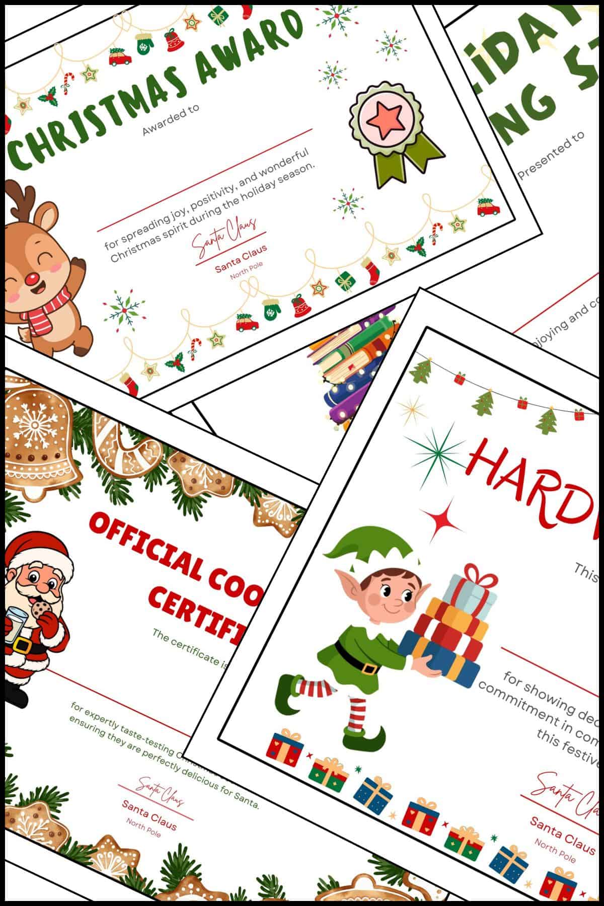 Printable Christmas award certificate templates overlapping on one another.