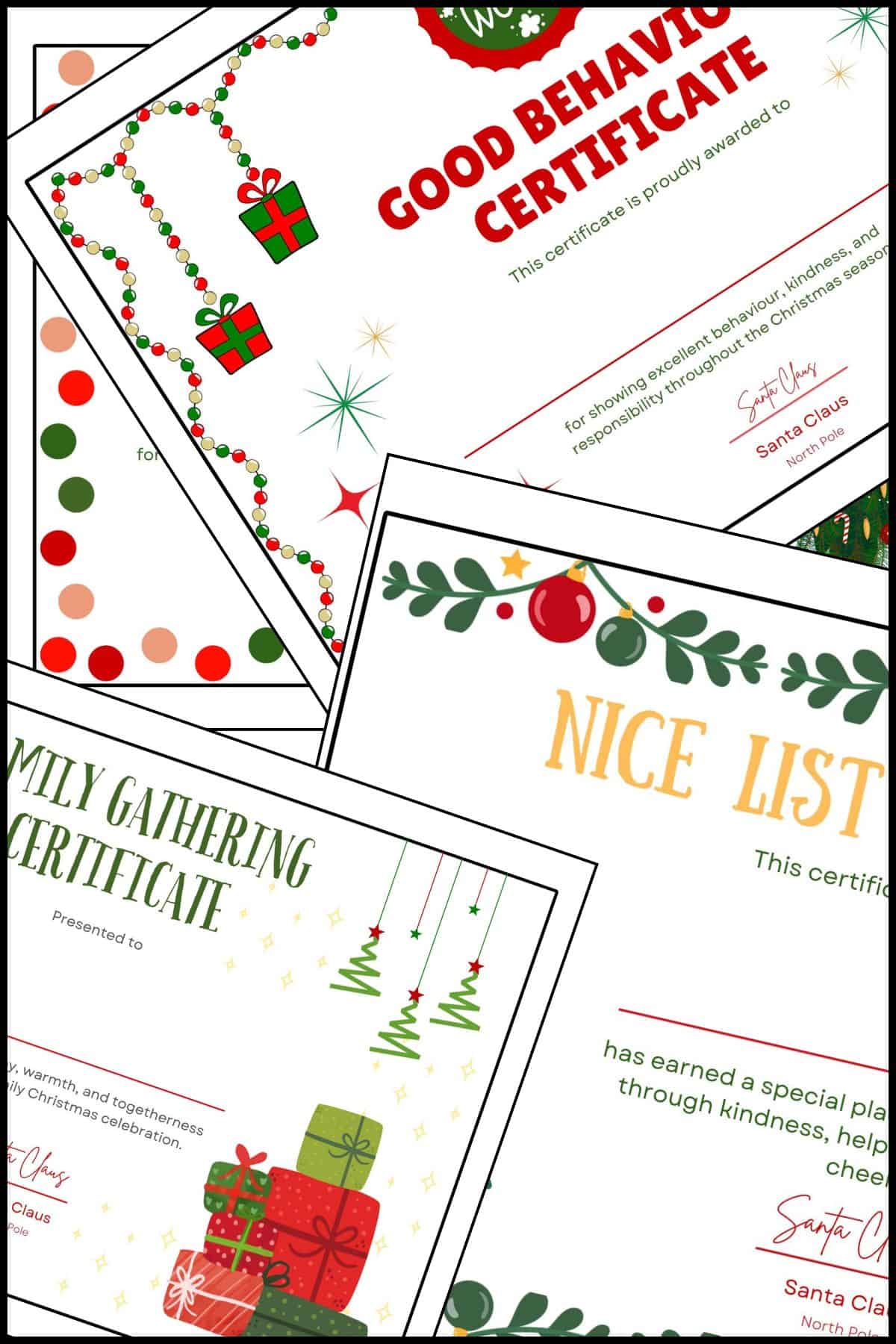 Printable Christmas award certificate templates overlapping on one another.