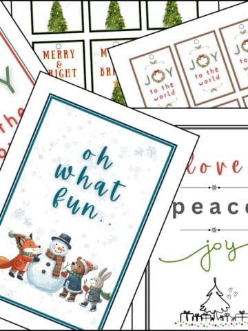 Printable merry Christmas sign templates for wall art, greeting cards and gift tags, overlapping on one another.