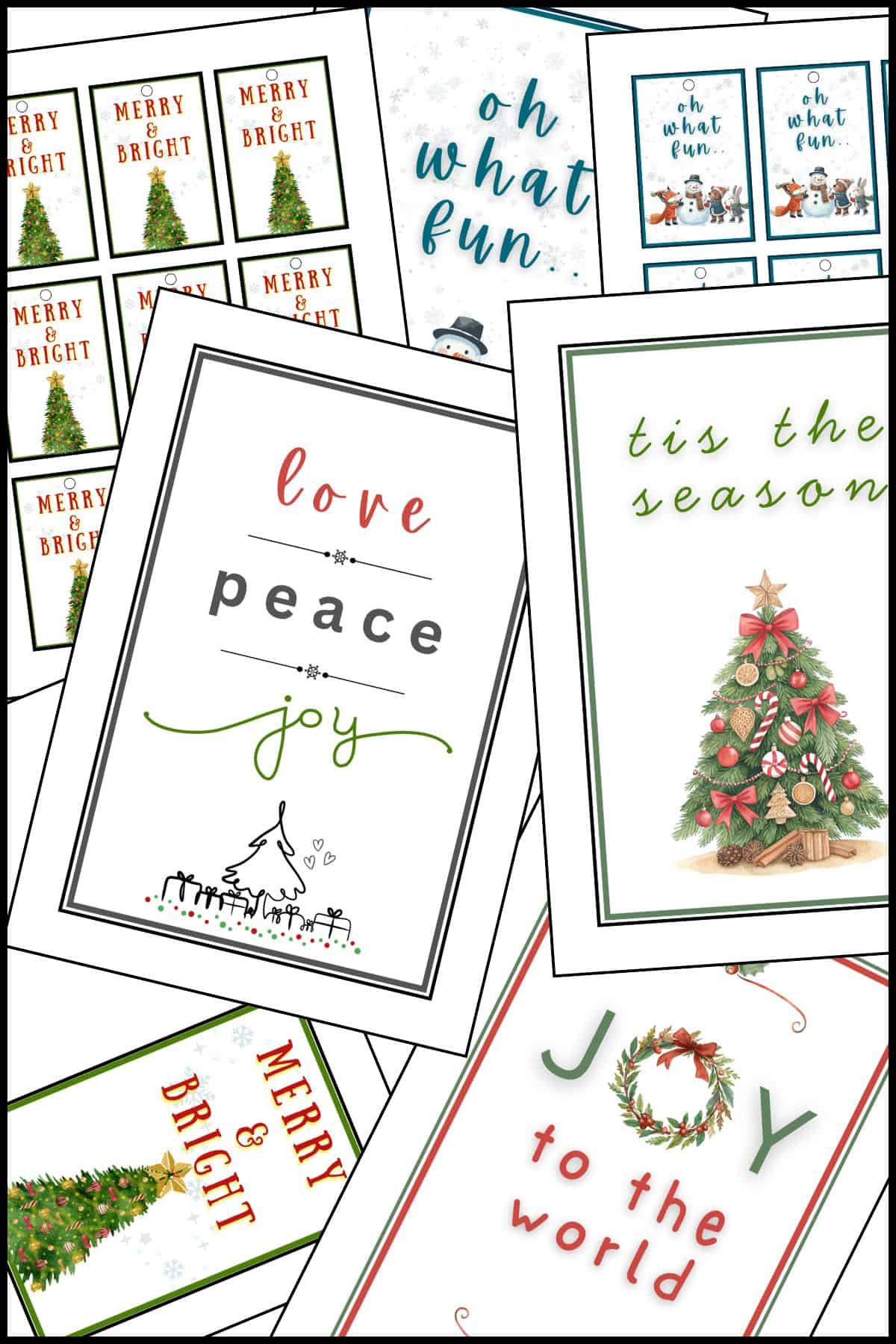 Printable merry Christmas sign templates for wall art, greeting cards and gift tags, overlapping on one another.