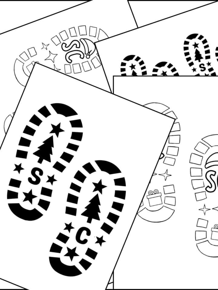 Santa footprint printable templates in solid black and outline modes, overlapping on one another.
