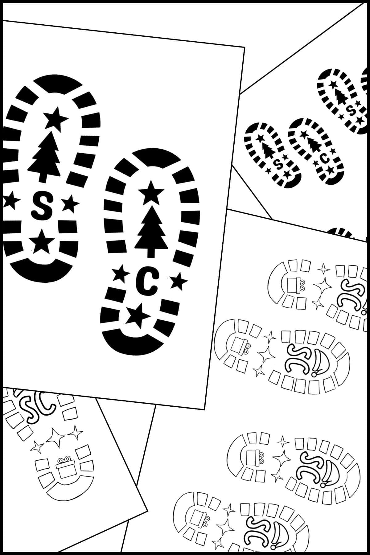 Santa footprint printable templates in solid black and outline modes, overlapping on one another.