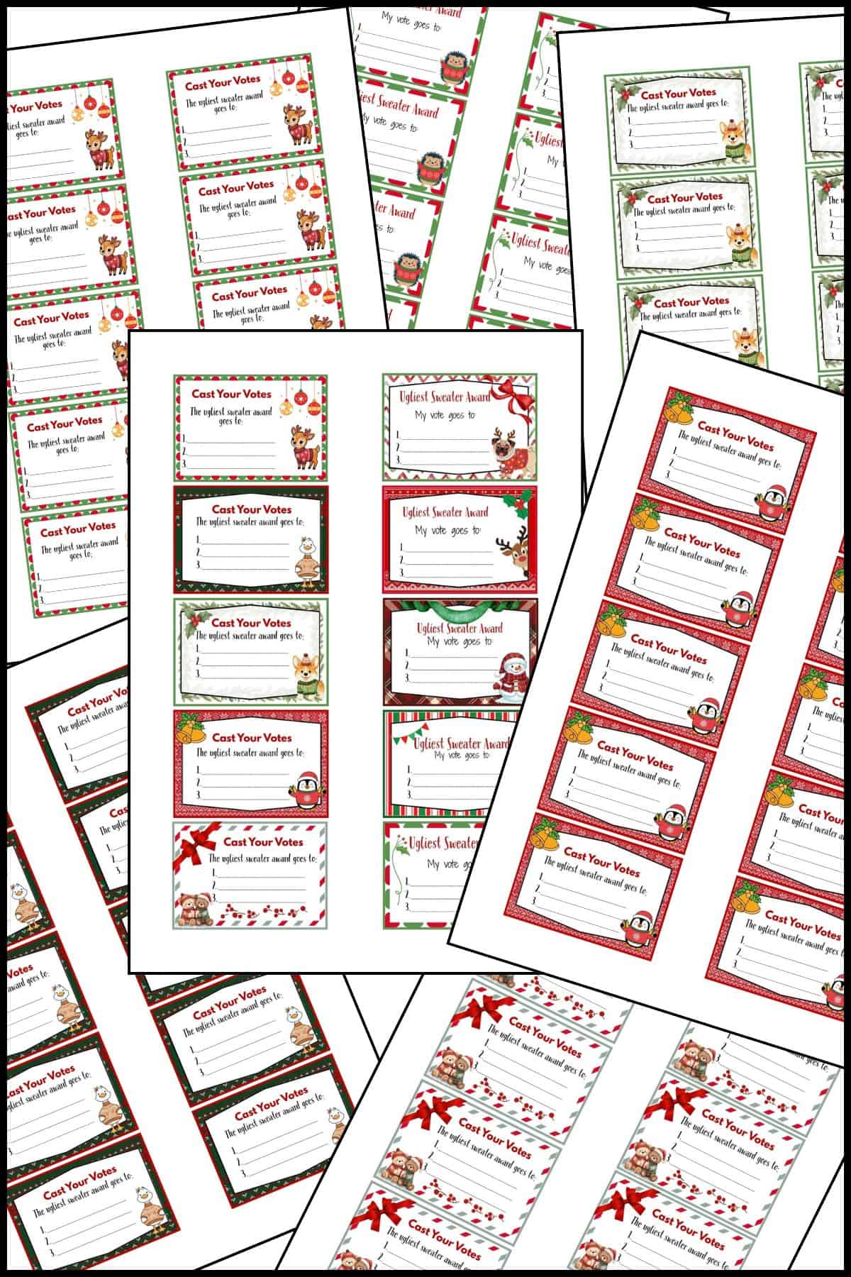 Ugly Christmas sweater voting ballots free printable templates stacked on one another.