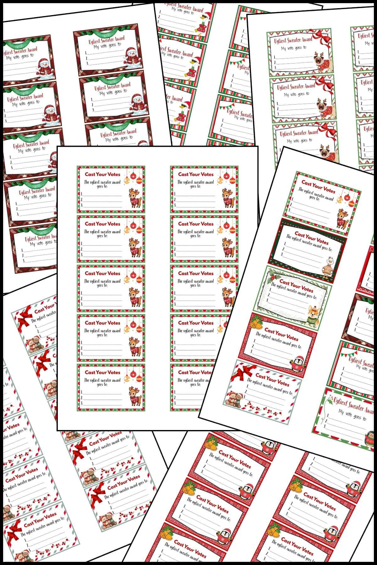Ugly Christmas sweater voting ballots free printable templates stacked on one another.