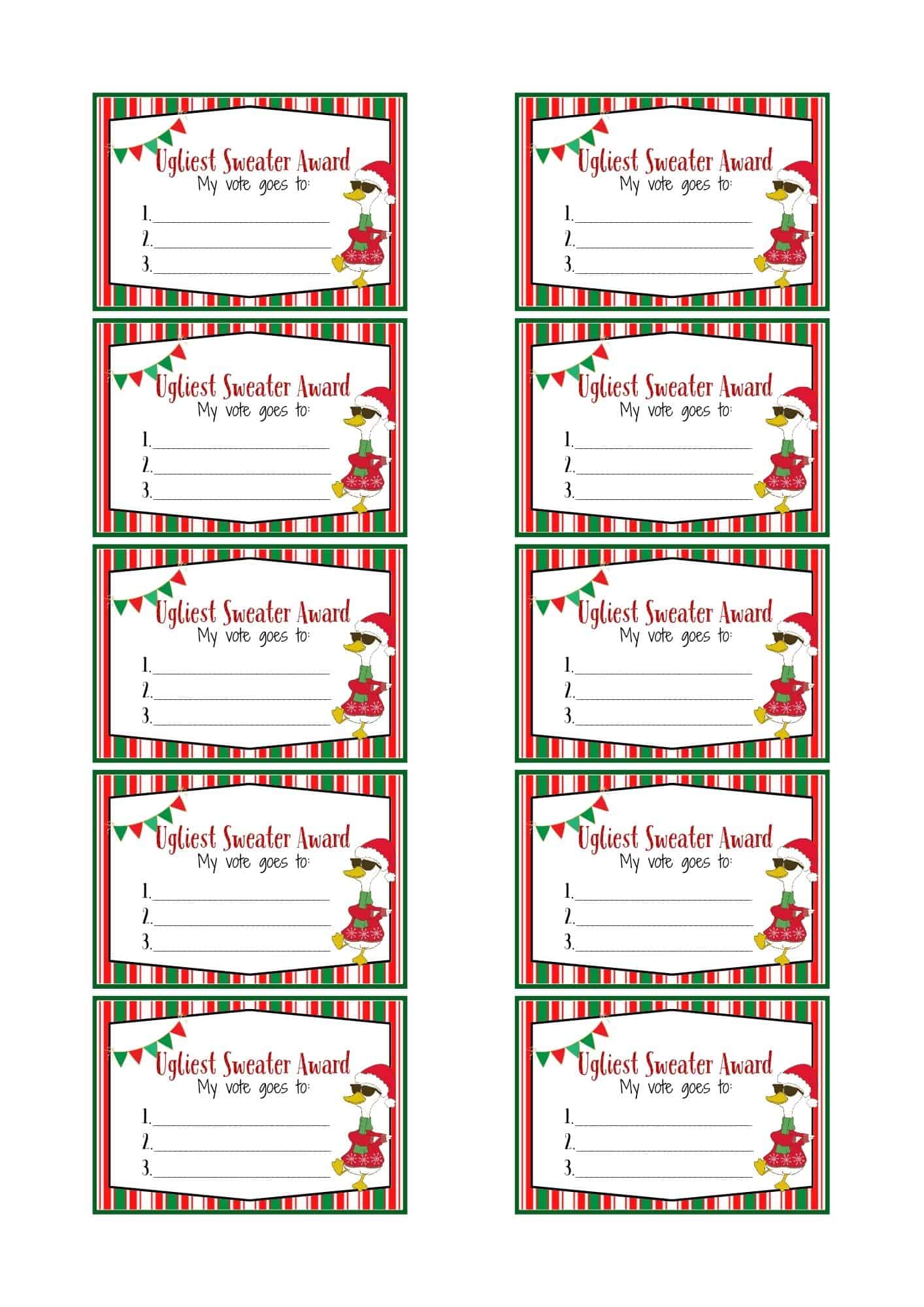 Ugly sweater voting ballots in duck design.
