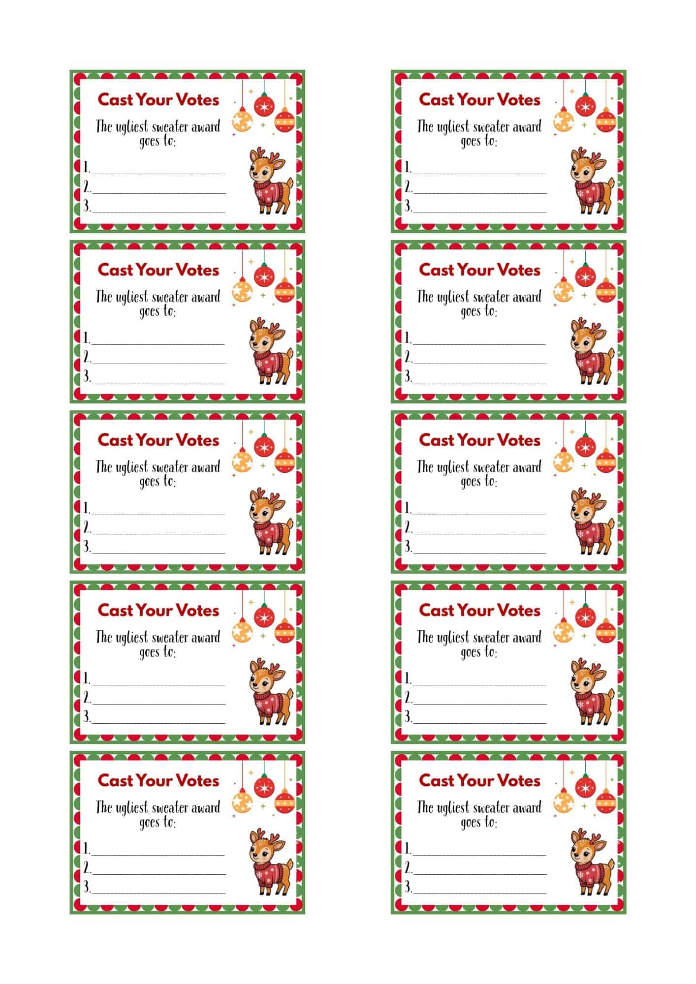 Ugly sweater voting ballots in reindeer design.