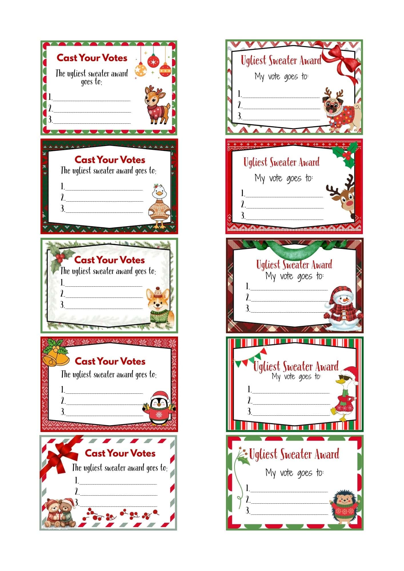 A set of 10 ugly sweater voting ballots designs.