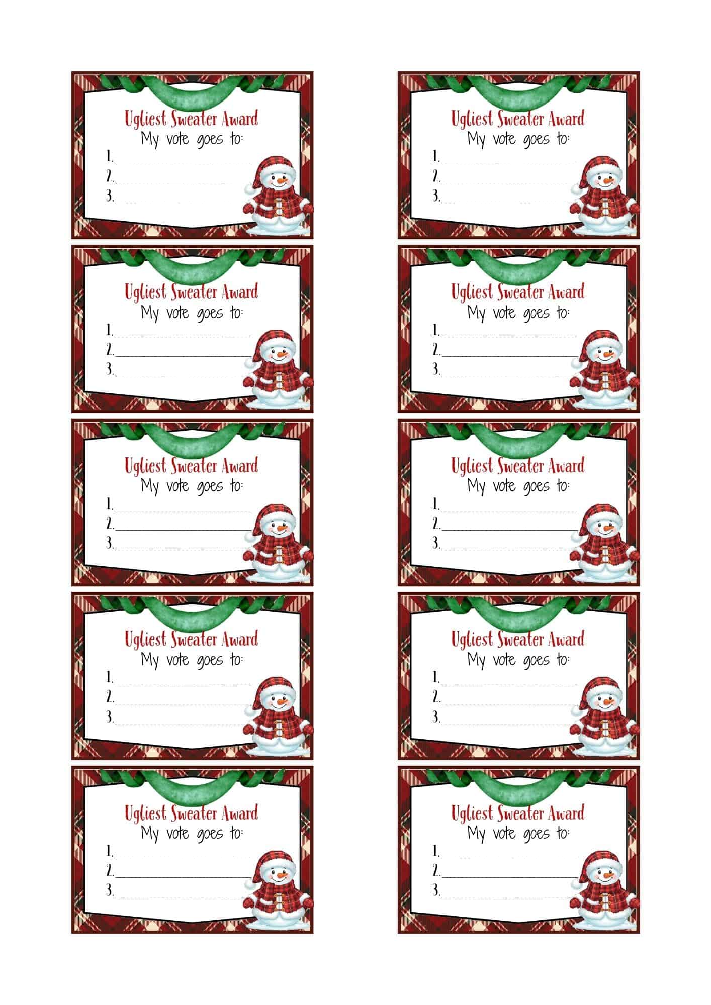 Ugly sweater voting ballots in snowman design.